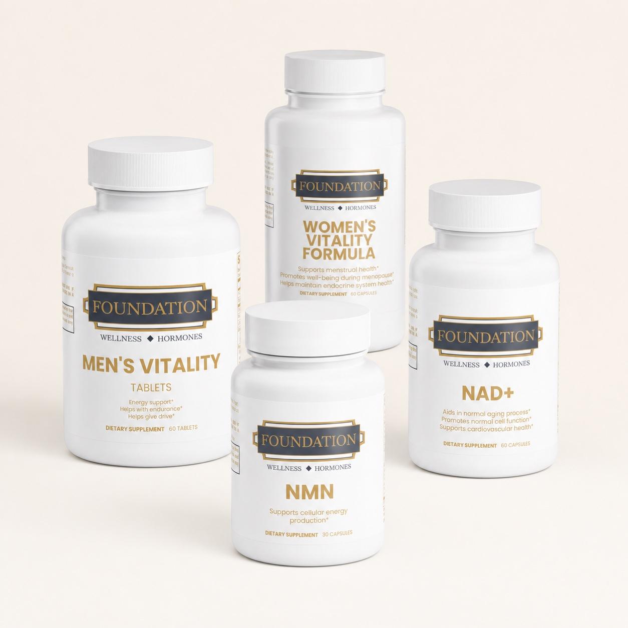 Men's Vitality, Women's Vitality Formula, NMN, and NAD+ bottles